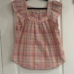 LOFT Lightweight Plaid Ruffle Sleeve Top - Pink, Yellow & Cream